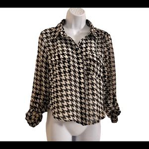 F21 Houndstooth Semi-Sheer Button Blouse